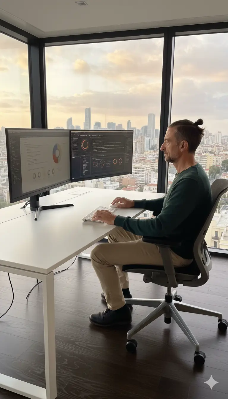 Jesús Segrelles trabajando frente a paneles de análisis y desarrollo